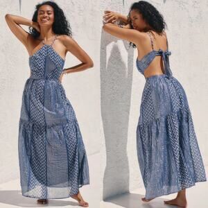 Anthropologie Mahila Reva Halter Maxi Dress Size Medium Blue Silver Metallic